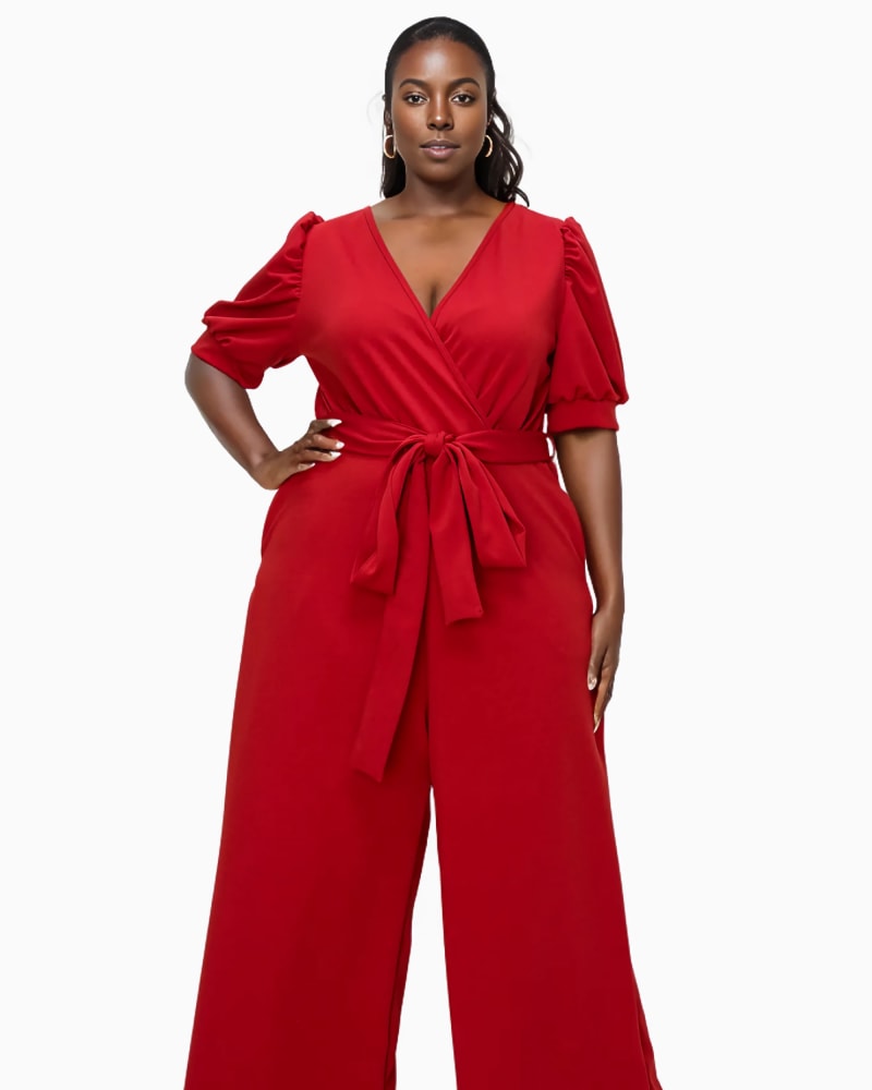 Front of a model wearing a size 3X Iris Wrap Pocket Jumpsuit in Dark Rust by L I V D. | dia_product_style_image_id:318579